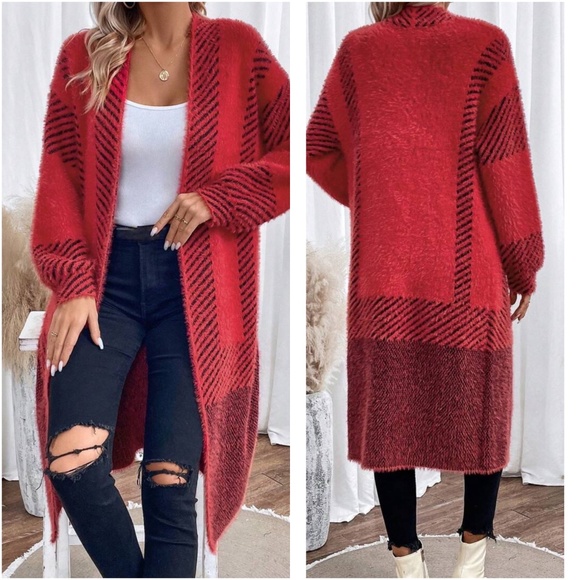 Cozy Color Block Stripes Fuzzy Open Front Cardigan